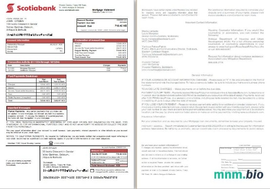 Antigua i Barbuda Bank Scotiabank wyciąg z kredytu hipotecznego, 2 strony, 1-2
